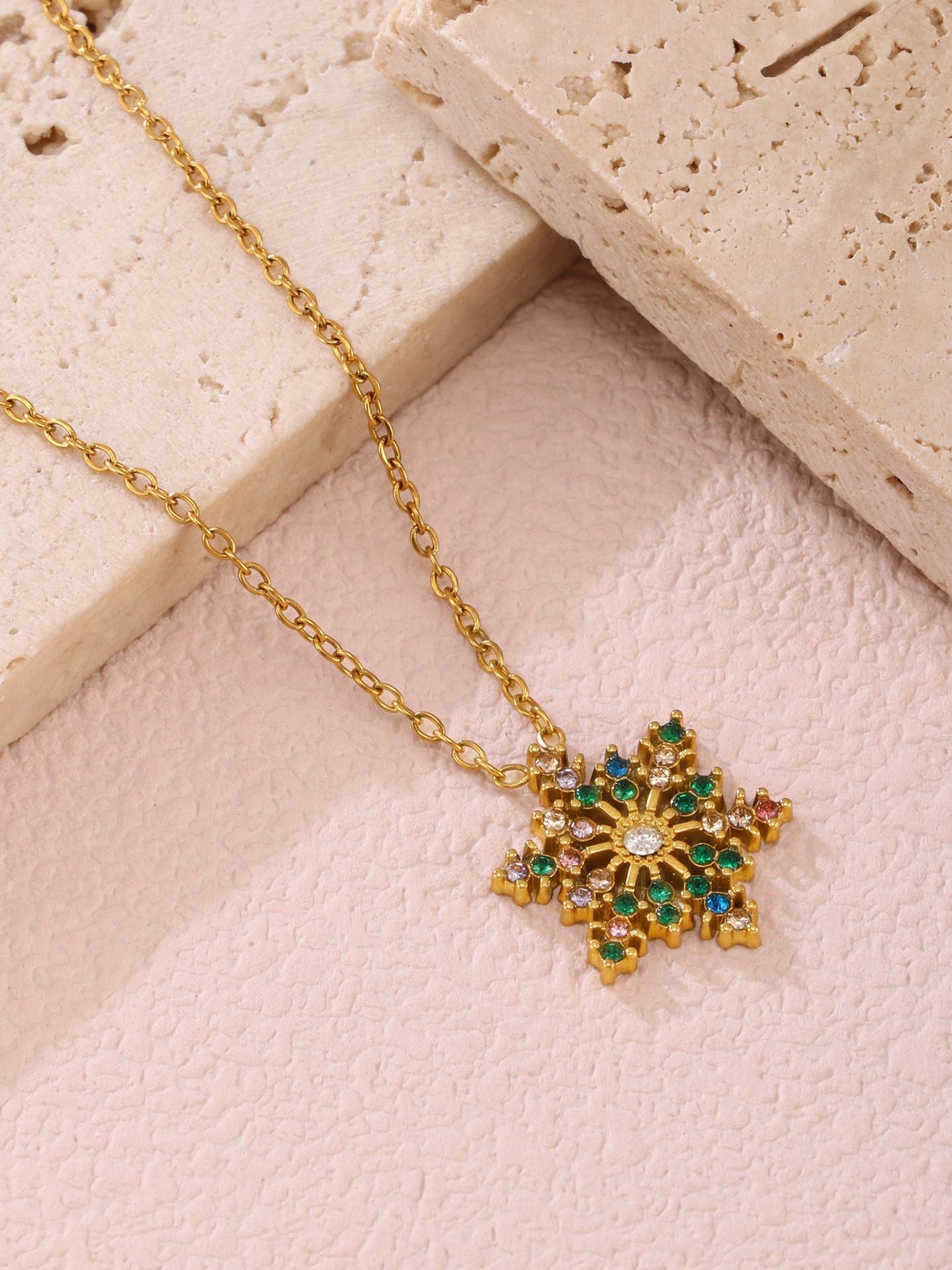 18K Gold-Plated Stainless Steel Snowflake Necklace with Zircon Accents - Brillare Bijou