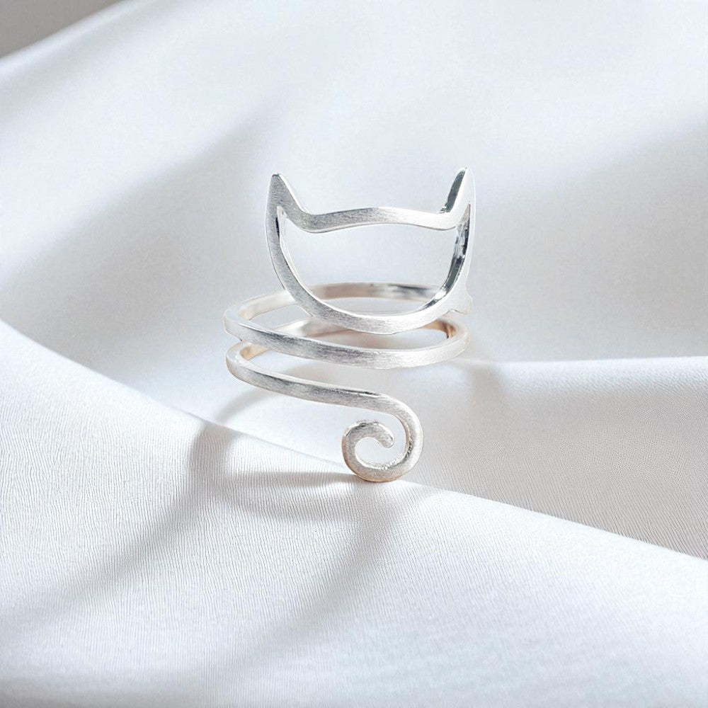 Whisker Charm Adjustable Ring – Sterling Silver Cat Spiral Wrap
