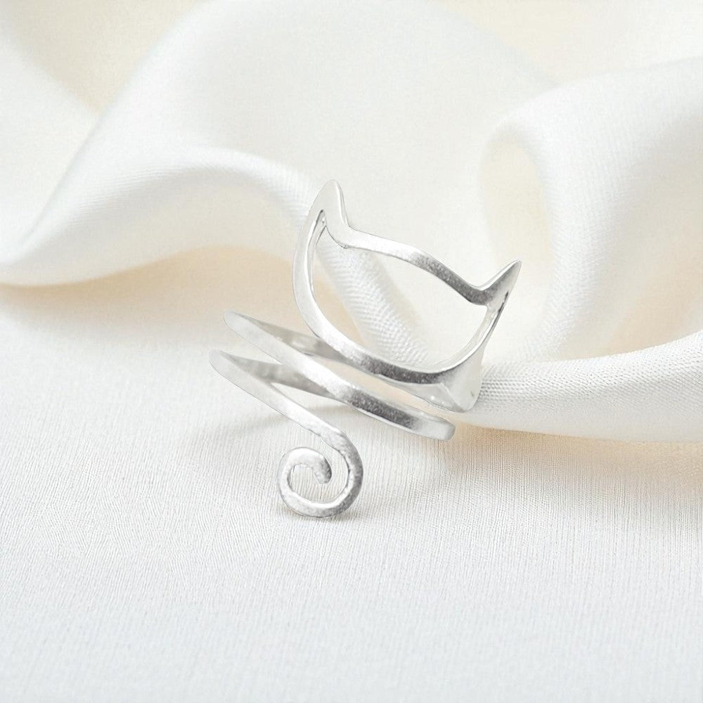 Whisker Charm Adjustable Ring – Sterling Silver Cat Spiral Wrap