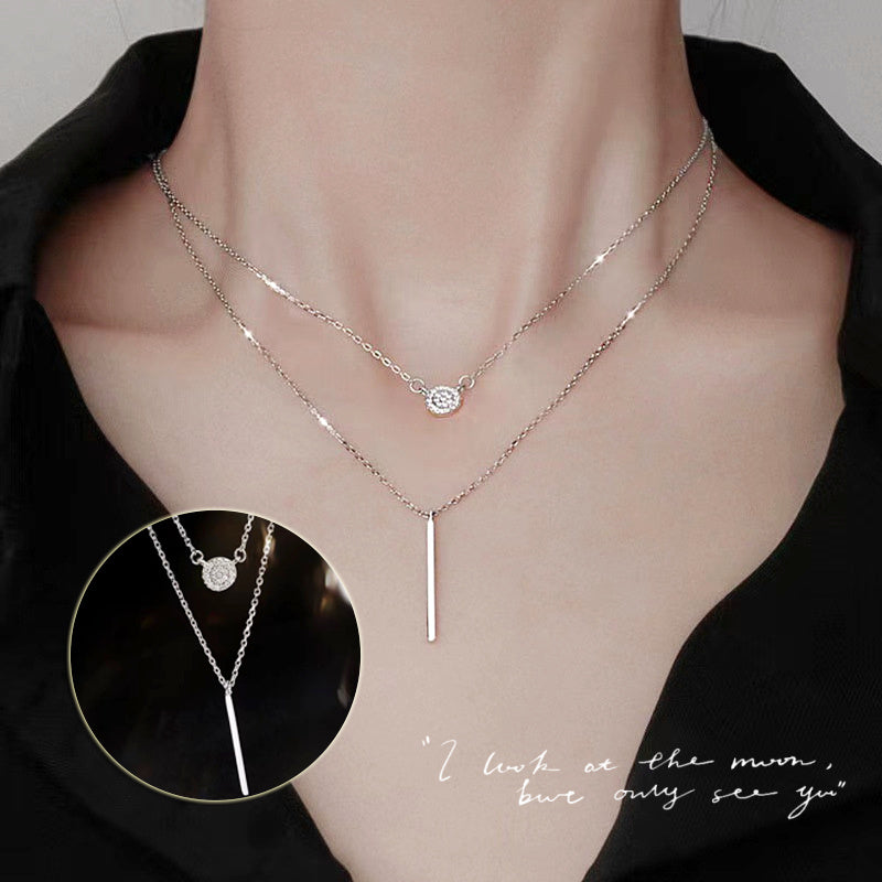 925 Sterling Silver Double Chain Necklace – Geometric Elegance with Micro-Pavé Zircon Accents - Brillare Bijou