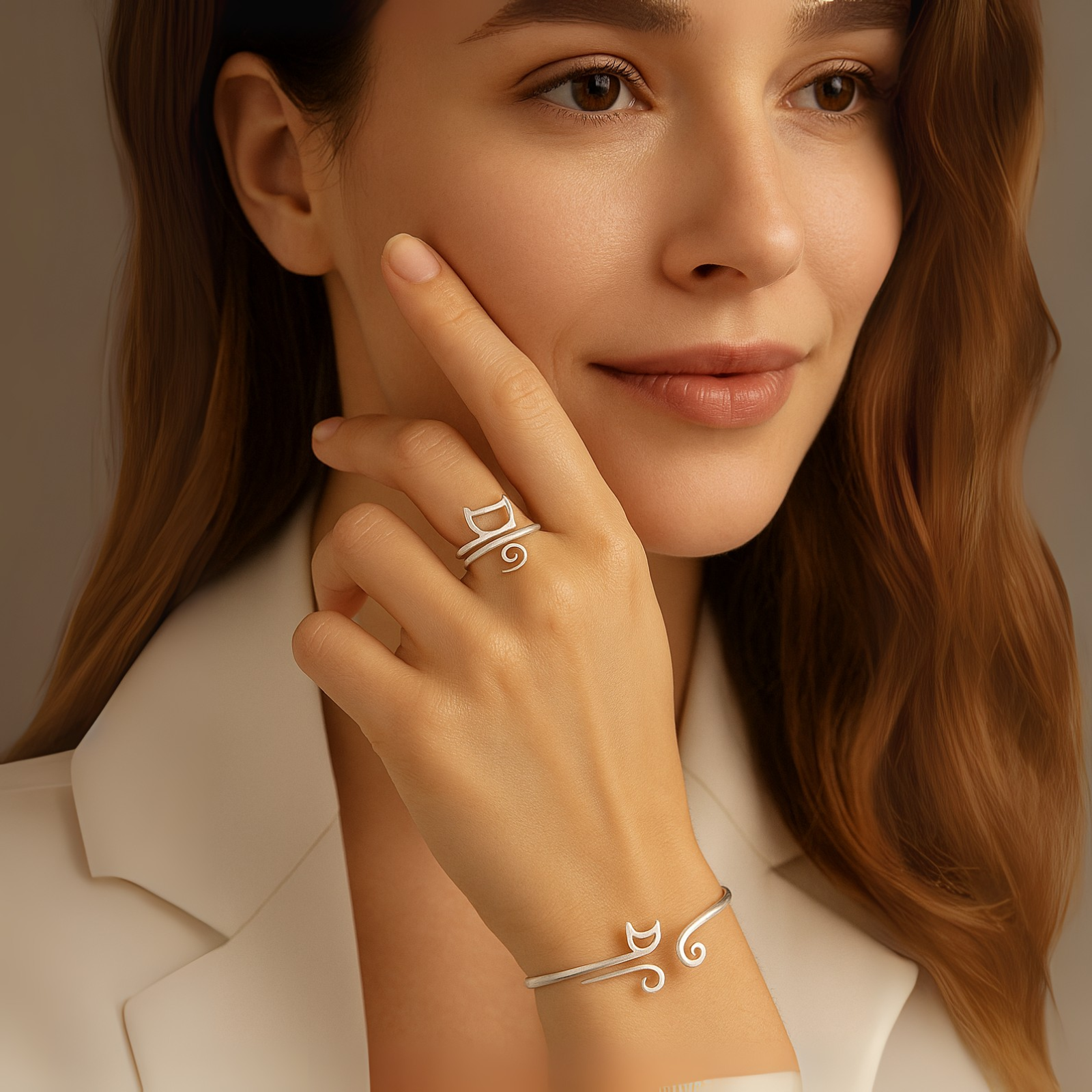 Whisker Charm Adjustable Ring – Sterling Silver Cat Spiral Wrap