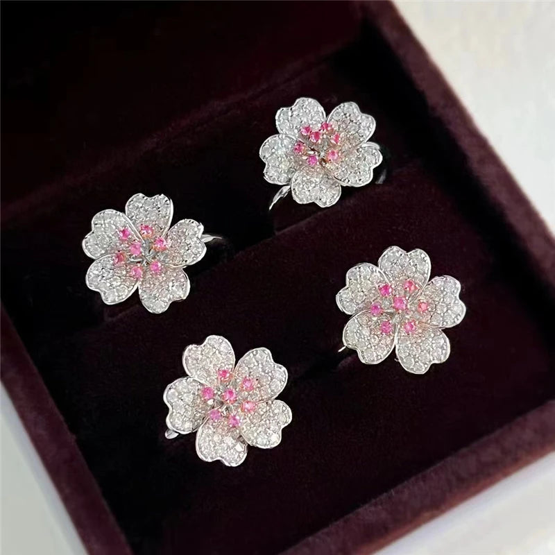 Elegant Temperament Flower Jewelry Sets for Women 925 Sterling Silver Cherry Blossom Noble Wedding Bridal Ring/Earring/Necklace - Brillare Bijou