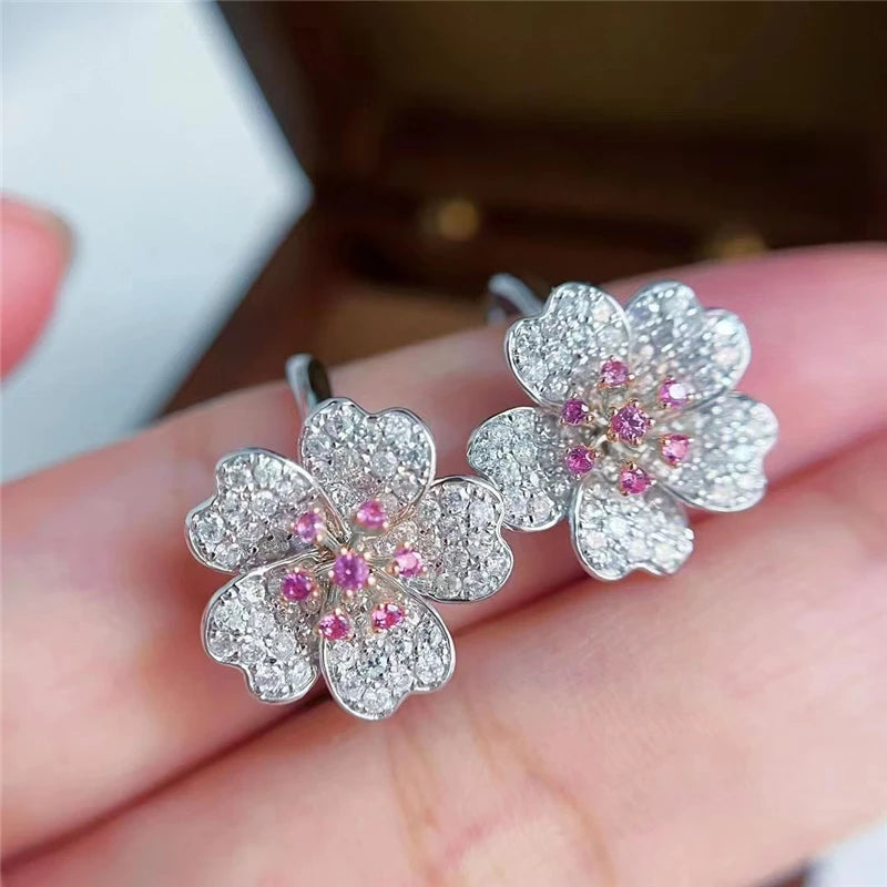 Elegant Temperament Flower Jewelry Sets for Women 925 Sterling Silver Cherry Blossom Noble Wedding Bridal Ring/Earring/Necklace - Brillare Bijou