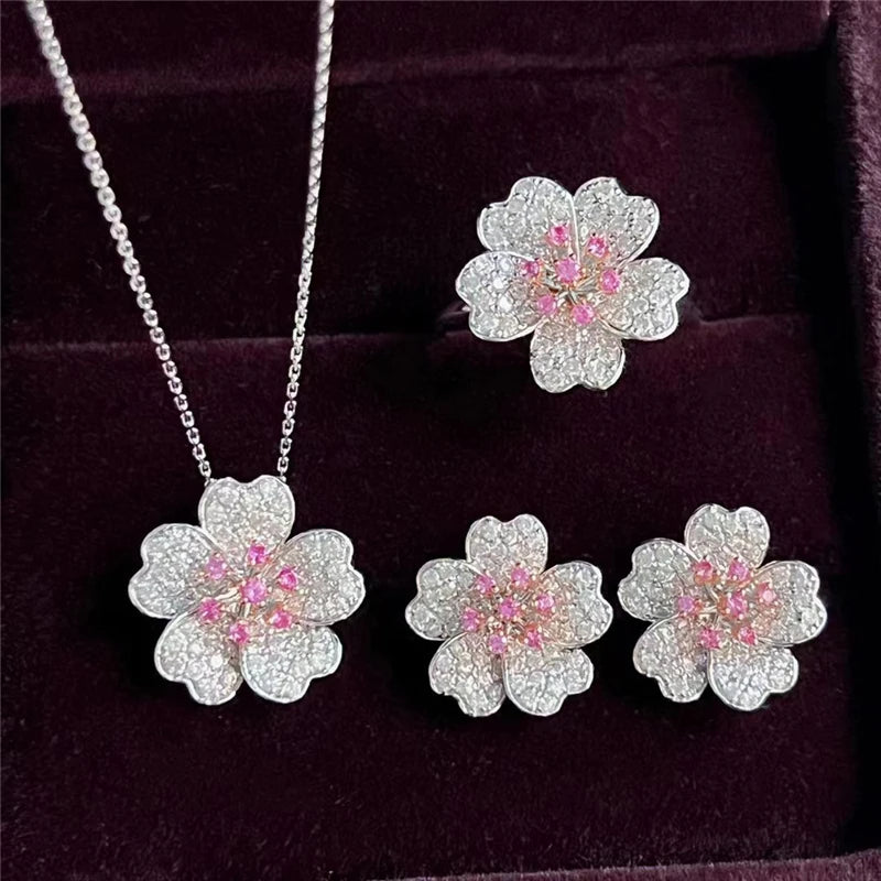 Elegant Temperament Flower Jewelry Sets for Women 925 Sterling Silver Cherry Blossom Noble Wedding Bridal Ring/Earring/Necklace - Brillare Bijou