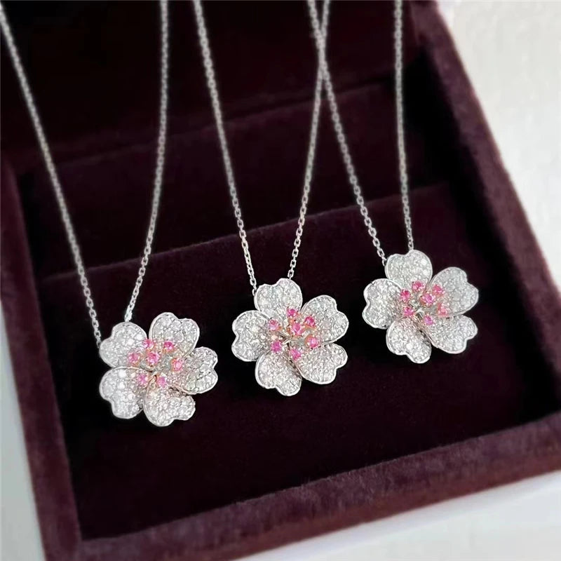 Elegant Temperament Flower Jewelry Sets for Women 925 Sterling Silver Cherry Blossom Noble Wedding Bridal Ring/Earring/Necklace - Brillare Bijou