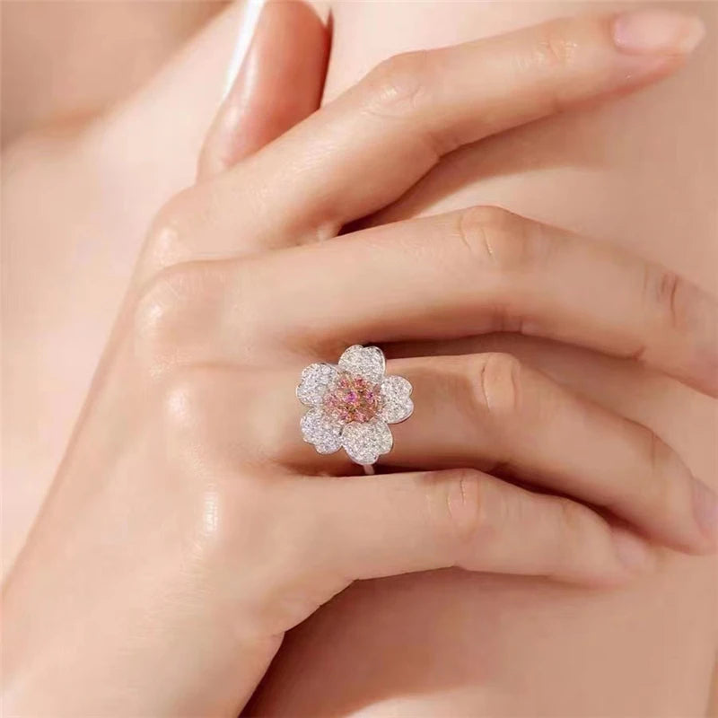 Elegant Temperament Flower Jewelry Sets for Women 925 Sterling Silver Cherry Blossom Noble Wedding Bridal Ring/Earring/Necklace - Brillare Bijou