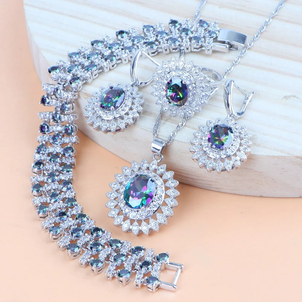 Natural Bridal Jewelry Sets Silver 925 Jewelry Ring Pendant Necklace Earrings Bracelets Wedding Blue Cubic Zircon Set For Women - Brillare Bijou