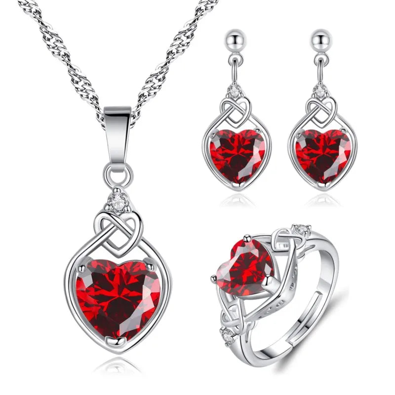 ENSHIR Red Zircon Love Heart Pendant Necklace Earrings Ring Sets for Women Romantic Engagement Party Jewelry Sets Wholesale - Brillare Bijou