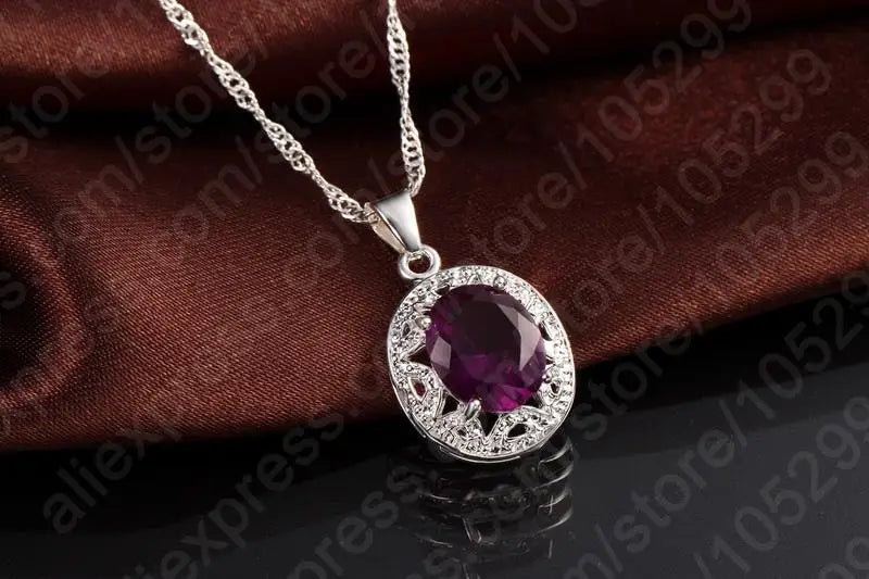 Elegant Women 925 Sterling Silver Color Purple Crystal Pendants Necklaces Earring Ring Set for Wedding Engagement Jewelry Gift - Brillare Bijou