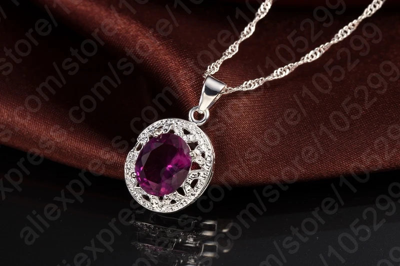 Elegant Women 925 Sterling Silver Color Purple Crystal Pendants Necklaces Earring Ring Set for Wedding Engagement Jewelry Gift - Brillare Bijou