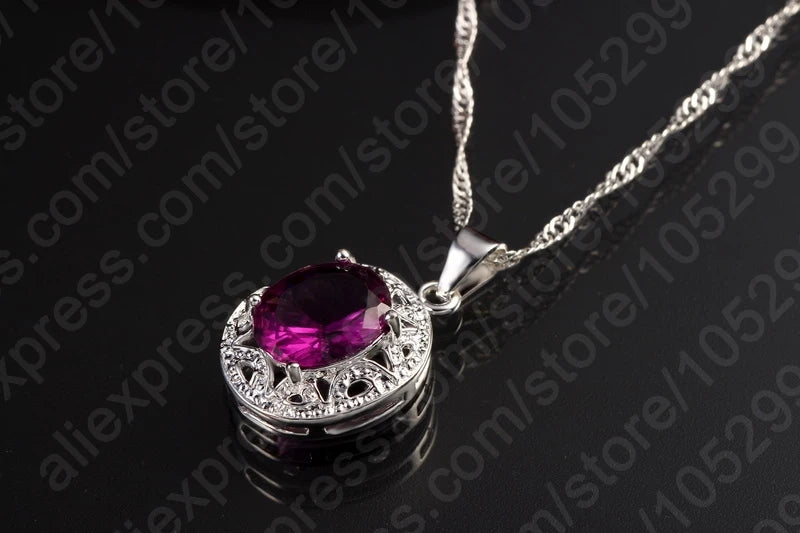 Elegant Women 925 Sterling Silver Color Purple Crystal Pendants Necklaces Earring Ring Set for Wedding Engagement Jewelry Gift - Brillare Bijou