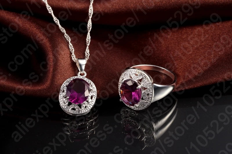 Elegant Women 925 Sterling Silver Color Purple Crystal Pendants Necklaces Earring Ring Set for Wedding Engagement Jewelry Gift - Brillare Bijou