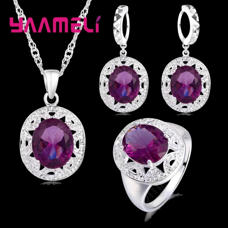 Elegant Women 925 Sterling Silver Color Purple Crystal Pendants Necklaces Earring Ring Set for Wedding Engagement Jewelry Gift - Brillare Bijou