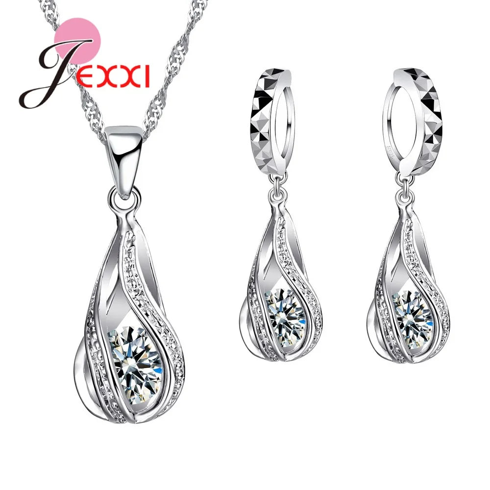 Celestial Spiral Jewelry Set – 925 Sterling Silver Necklace & Earrings with White Crystals - Brillare Bijou