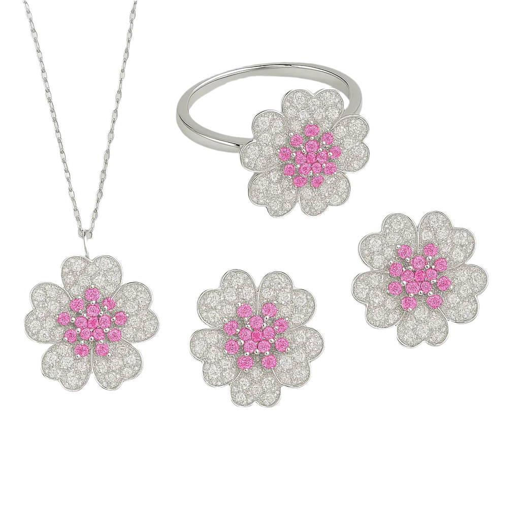Blossom Dreams Bridal Jewelry Set – Pink Zircon Necklace, Earrings & Ring - Brillare Bijou