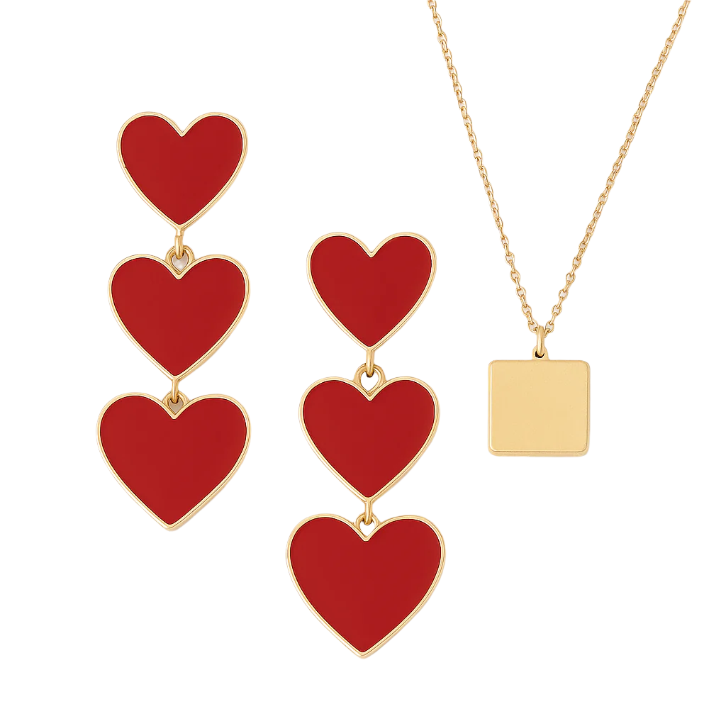 Double Red Heart Drop Earrings – Bold Gold-Plated Statement with Enamel Shine - Brillare Bijou
