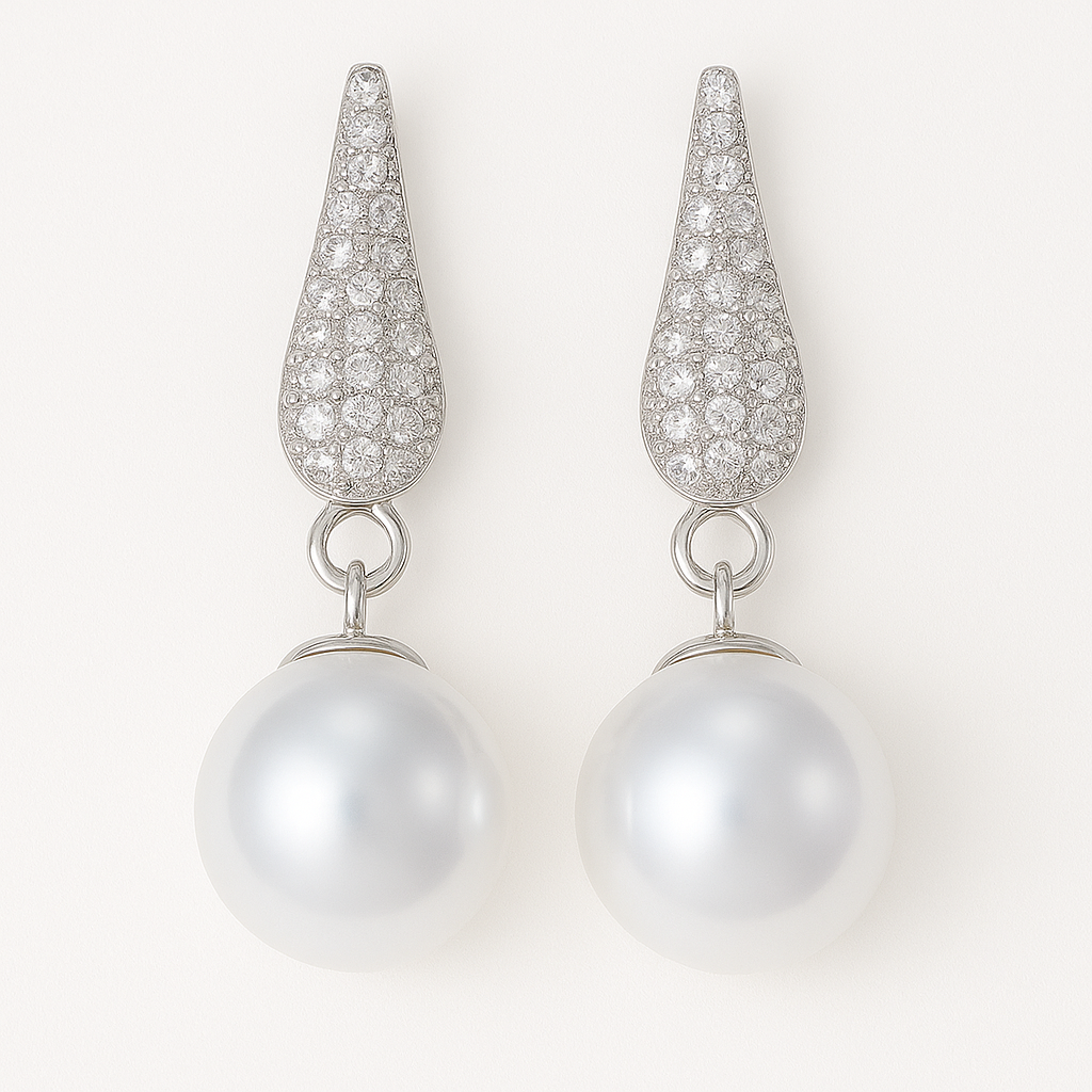 Elegant Pearl Drop Earrings with Diamond Accents – Timeless Sophistication in Sterling Silver - Brillare Bijou