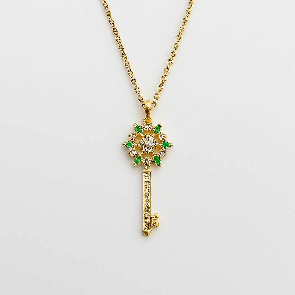Golden Key to Elegance: Copper-Plated Zircon Pendant Necklace - Brillare Bijou