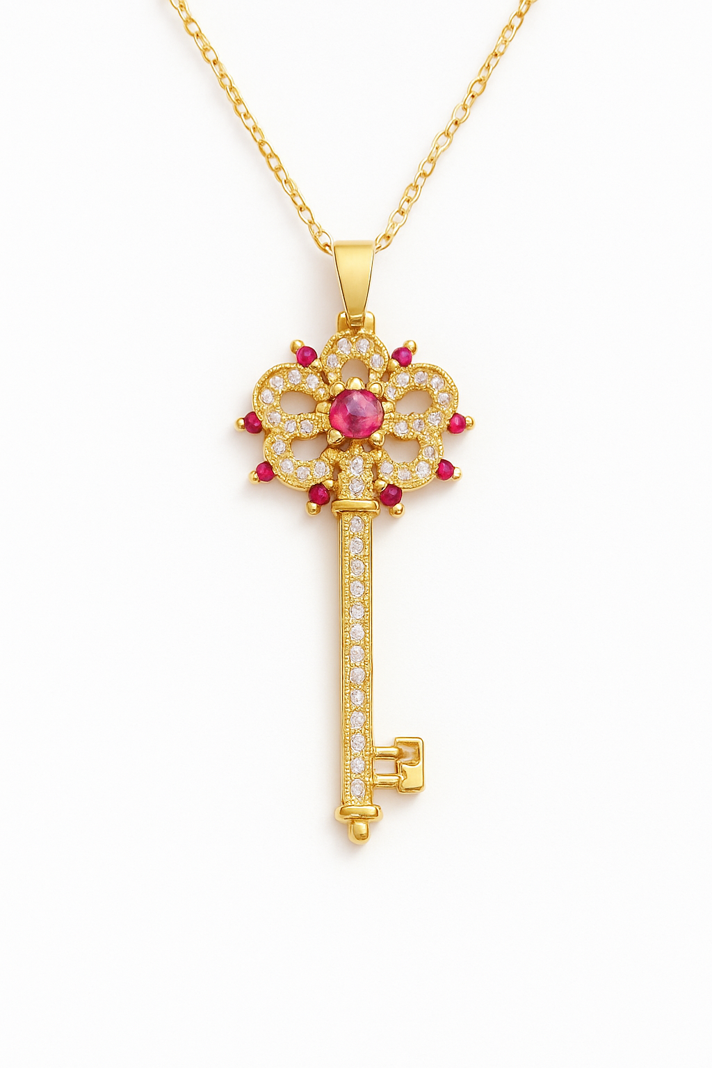 Golden Key to Elegance: Copper-Plated Zircon Pendant Necklace - Brillare Bijou