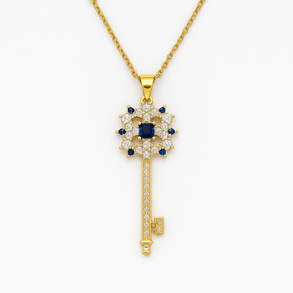 Golden Key to Elegance: Copper-Plated Zircon Pendant Necklace - Brillare Bijou