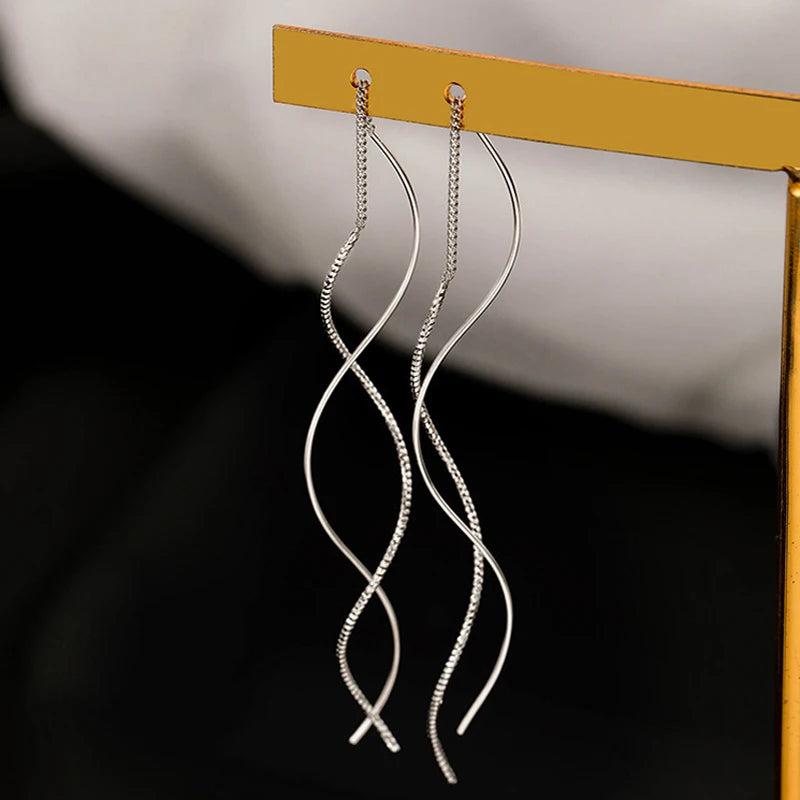 Korean Fashion Long Wave Tassel Earrings for Women Jewelry 2024 Trending New Rotating Twisted Women's 925 Silver Needle Earrings - Brillare Bijou