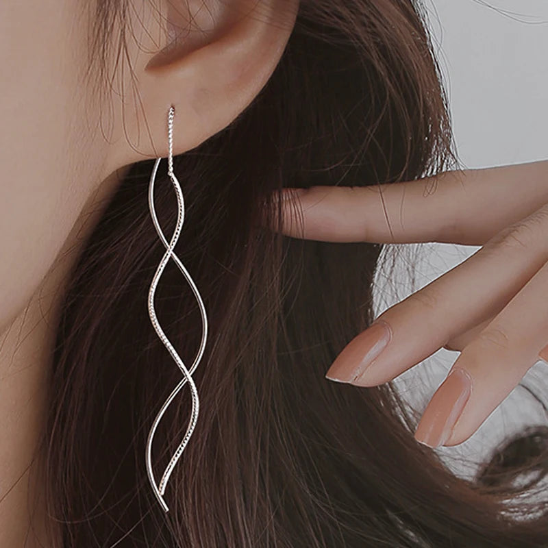 Korean Fashion Long Wave Tassel Earrings for Women Jewelry 2024 Trending New Rotating Twisted Women's 925 Silver Needle Earrings - Brillare Bijou