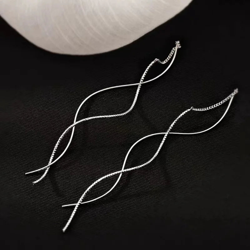 Korean Fashion Long Wave Tassel Earrings for Women Jewelry 2024 Trending New Rotating Twisted Women's 925 Silver Needle Earrings - Brillare Bijou