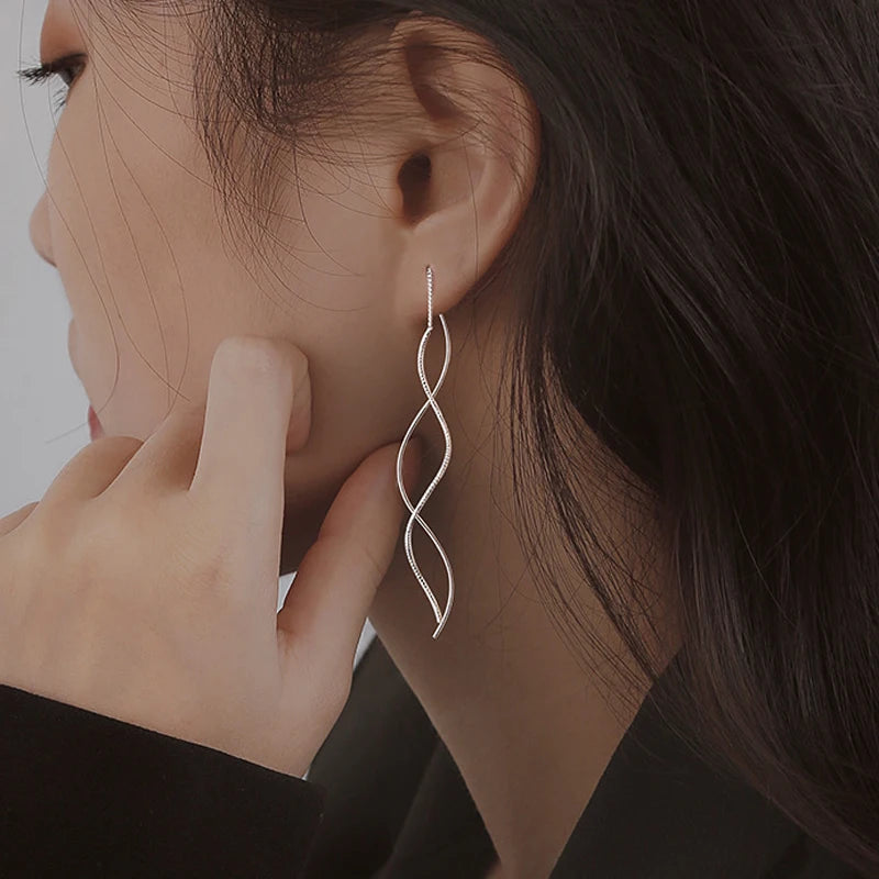 Korean Fashion Long Wave Tassel Earrings for Women Jewelry 2024 Trending New Rotating Twisted Women's 925 Silver Needle Earrings - Brillare Bijou