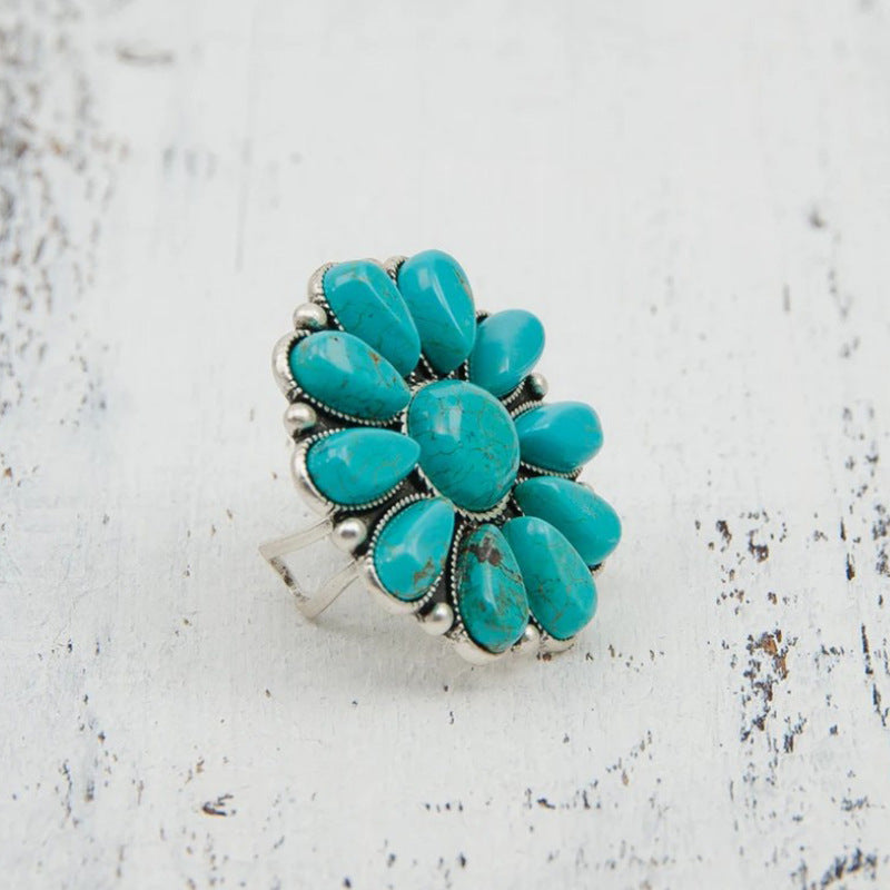 Turquoise Bloom Statement Ring – Bold Floral Elegance in Alloy - Brillare Bijou