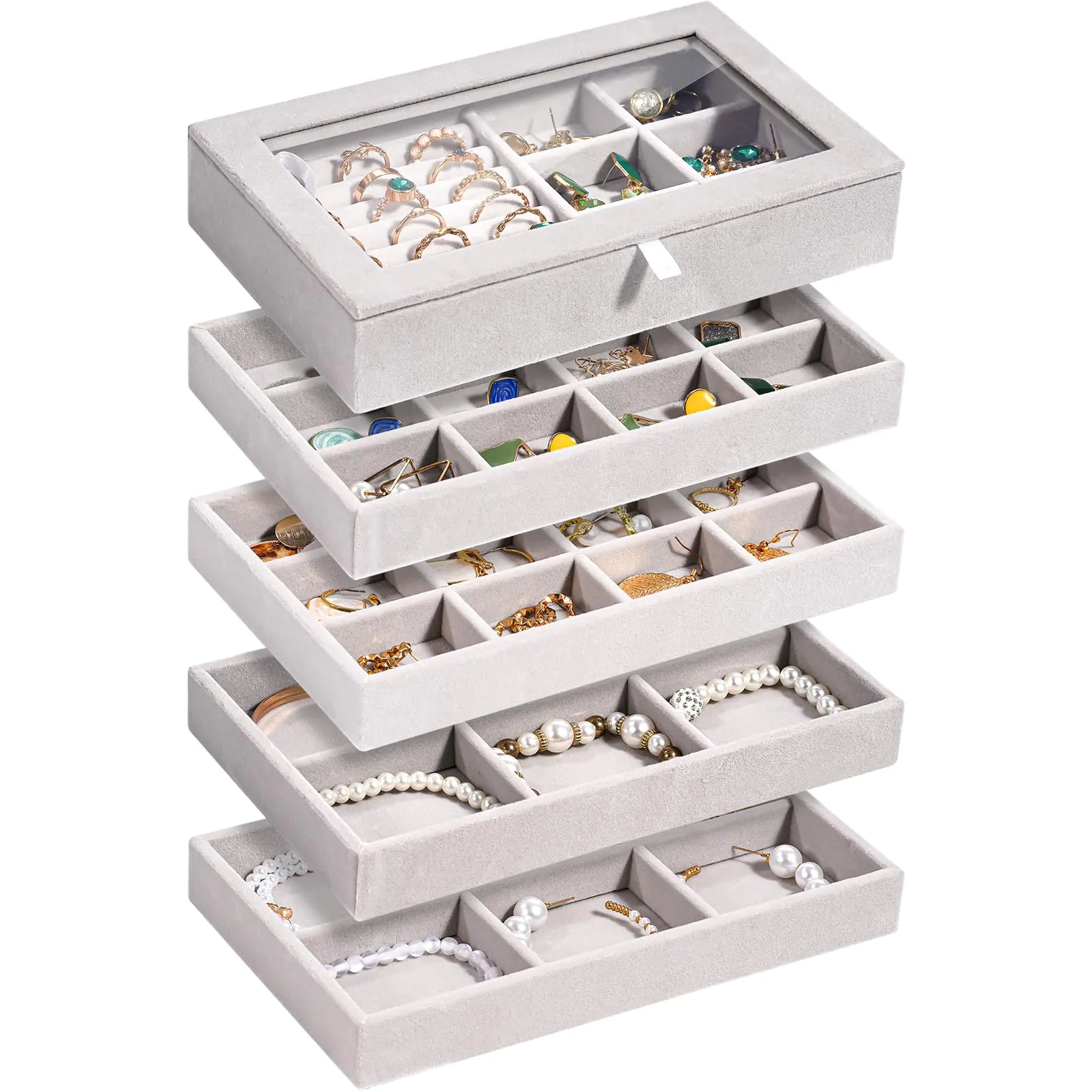 Velvet Jewelry Organizer Tray – 5-Layer Stackable Drawer Insert for Earrings, Rings & More (Grey) - Brillare Bijou