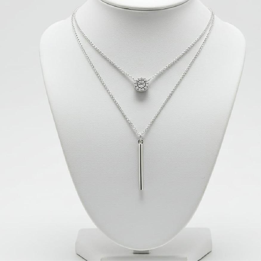 925 Sterling Silver Double Chain Necklace – Geometric Elegance with Micro-Pavé Zircon Accents - Brillare Bijou