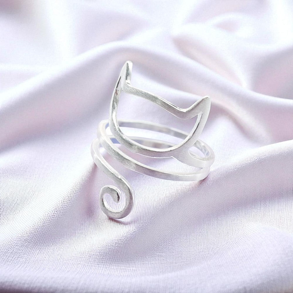 Whisker Charm Adjustable Ring – Sterling Silver Cat Spiral Wrap