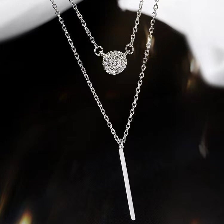 925 Sterling Silver Double Chain Necklace – Geometric Elegance with Micro-Pavé Zircon Accents - Brillare Bijou