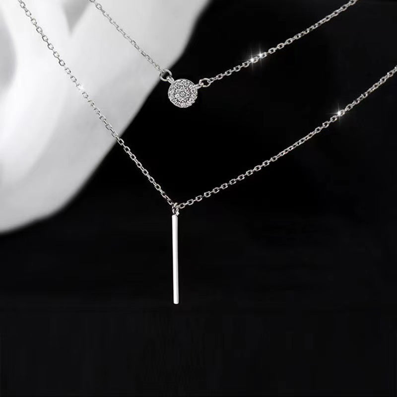 925 Sterling Silver Double Chain Necklace – Geometric Elegance with Micro-Pavé Zircon Accents - Brillare Bijou