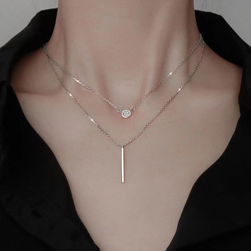 925 Sterling Silver Double Chain Necklace – Geometric Elegance with Micro-Pavé Zircon Accents - Brillare Bijou