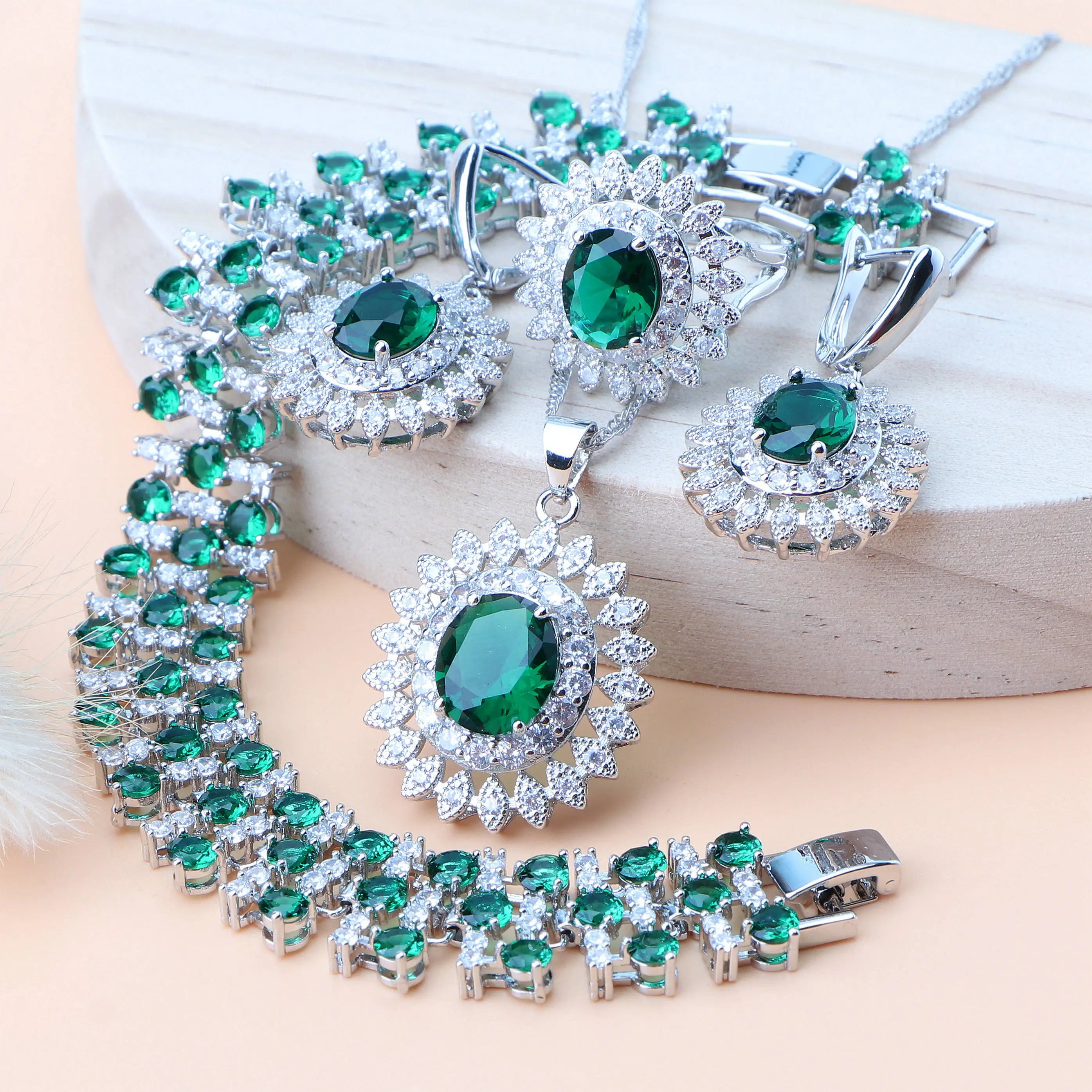 Natural Bridal Jewelry Sets Silver 925 Jewelry Ring Pendant Necklace Earrings Bracelets Wedding Blue Cubic Zircon Set For Women - Brillare Bijou