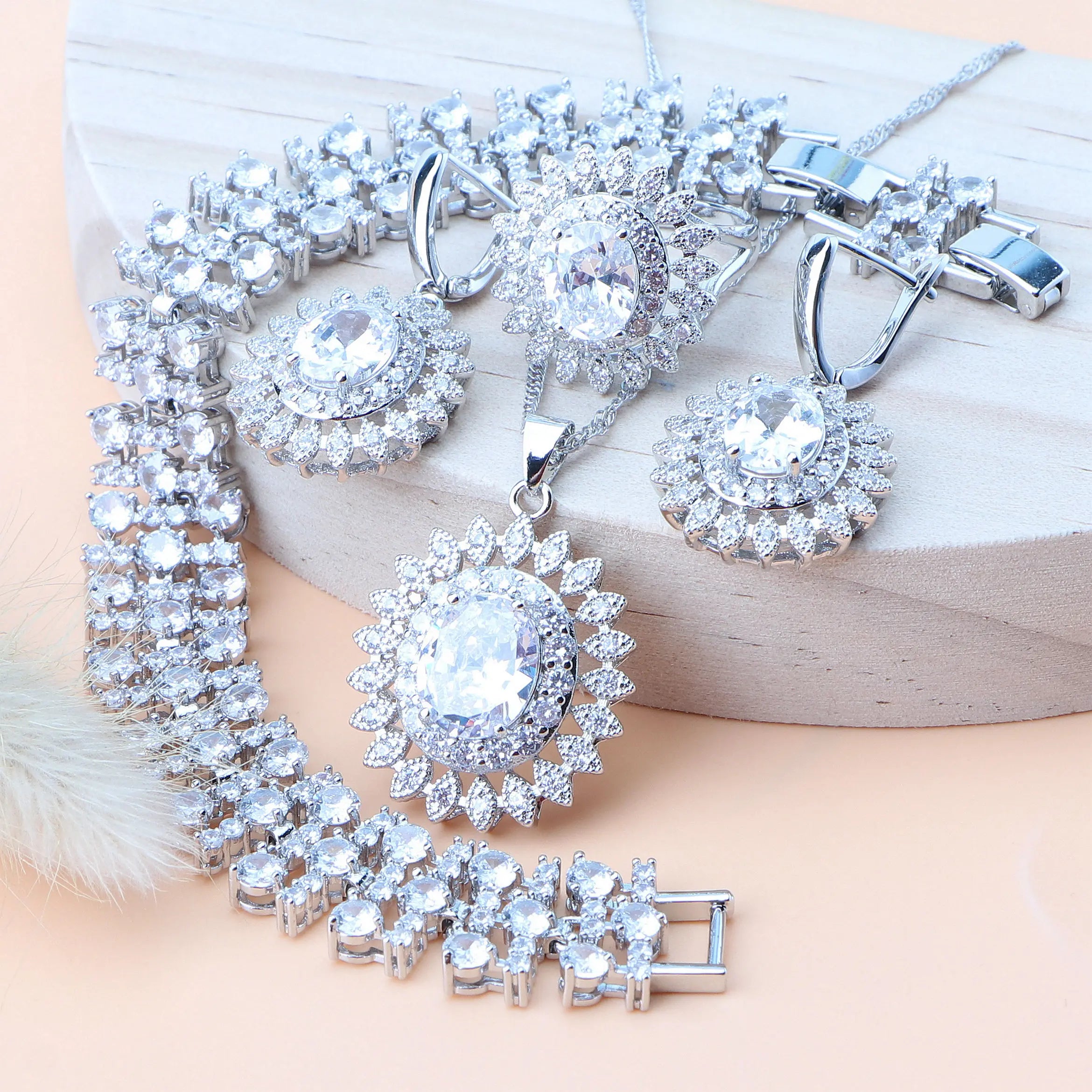 Natural Bridal Jewelry Sets Silver 925 Jewelry Ring Pendant Necklace Earrings Bracelets Wedding Blue Cubic Zircon Set For Women - Brillare Bijou