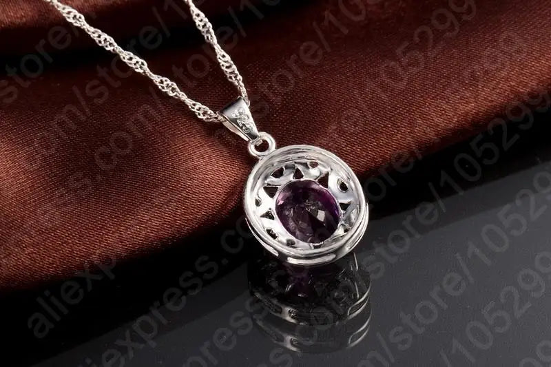 Elegant Women 925 Sterling Silver Color Purple Crystal Pendants Necklaces Earring Ring Set for Wedding Engagement Jewelry Gift - Brillare Bijou
