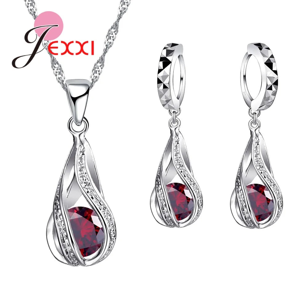 Celestial Spiral Jewelry Set – 925 Sterling Silver Necklace & Earrings with White Crystals - Brillare Bijou