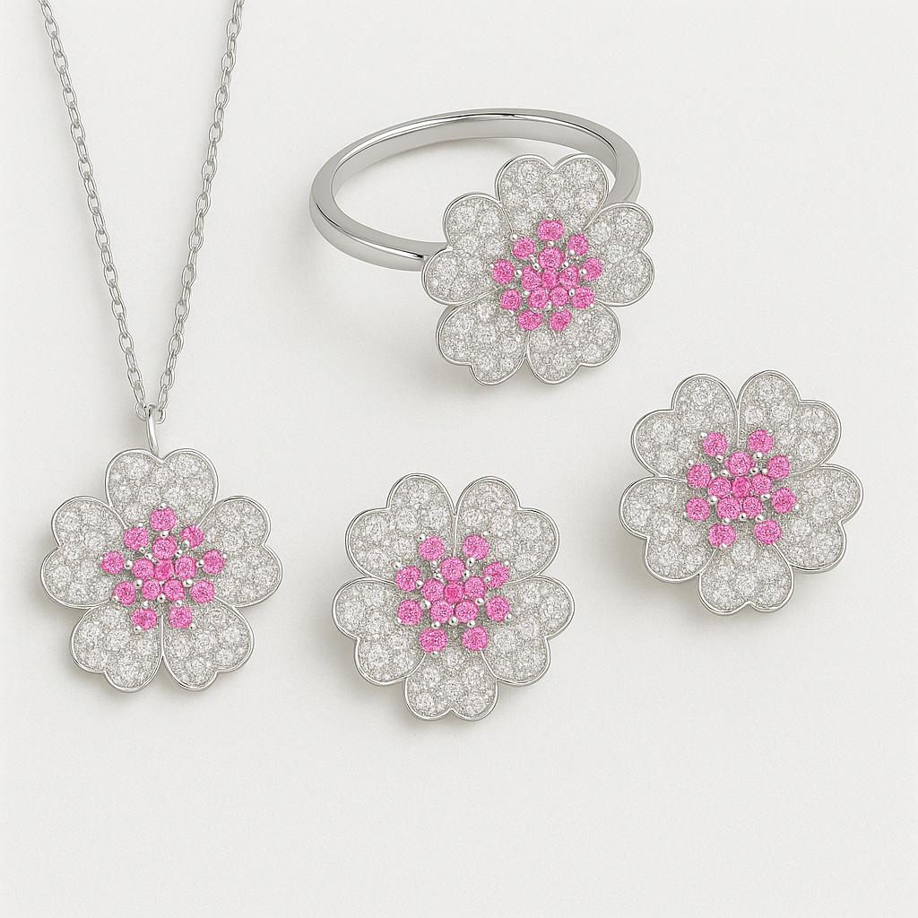 Blossom Dreams Jewelry Set – Pink Zirconia Bridal Elegance (Ring, Necklace & Earrings)