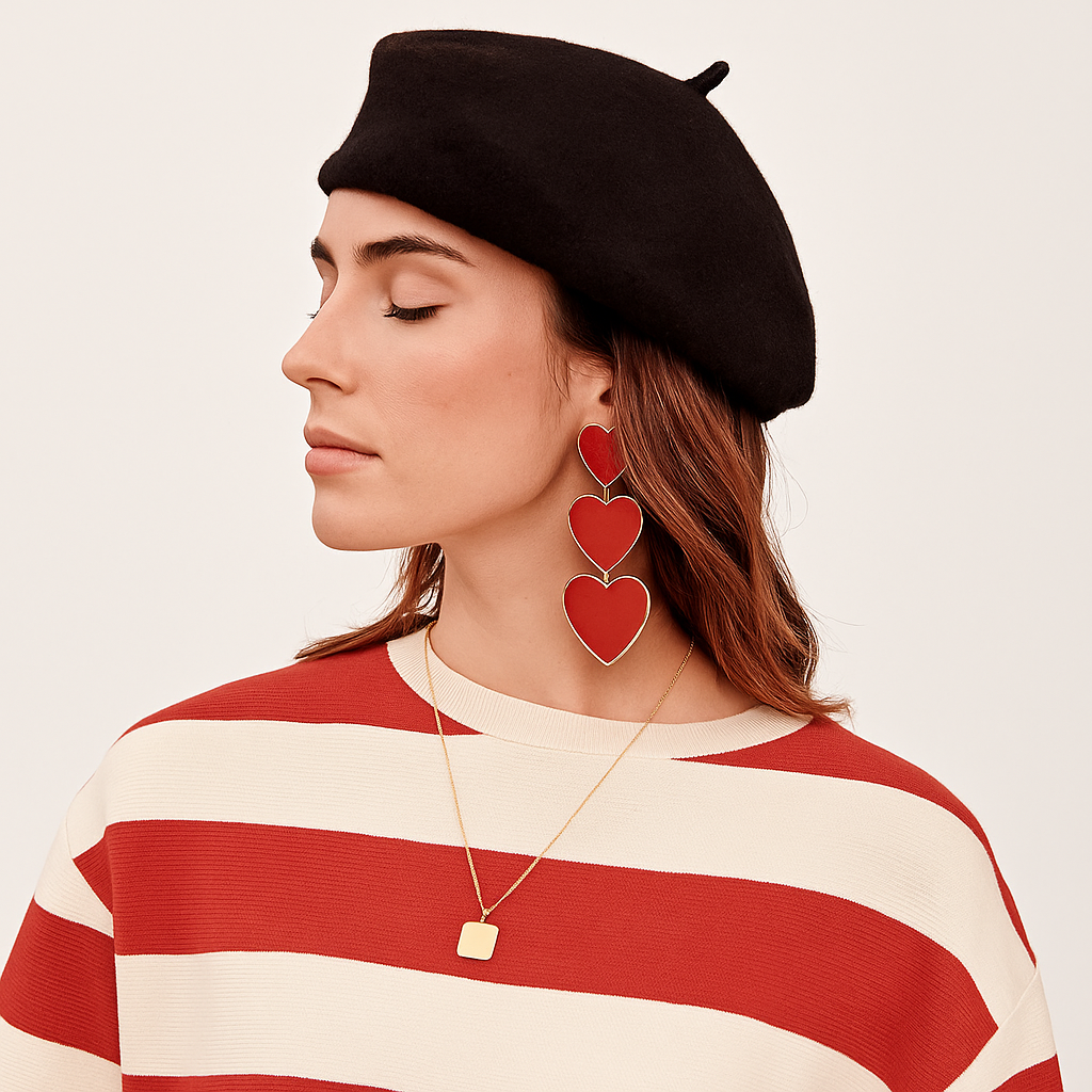 Double Red Heart Drop Earrings – Bold Gold-Plated Statement with Enamel Shine - Brillare Bijou