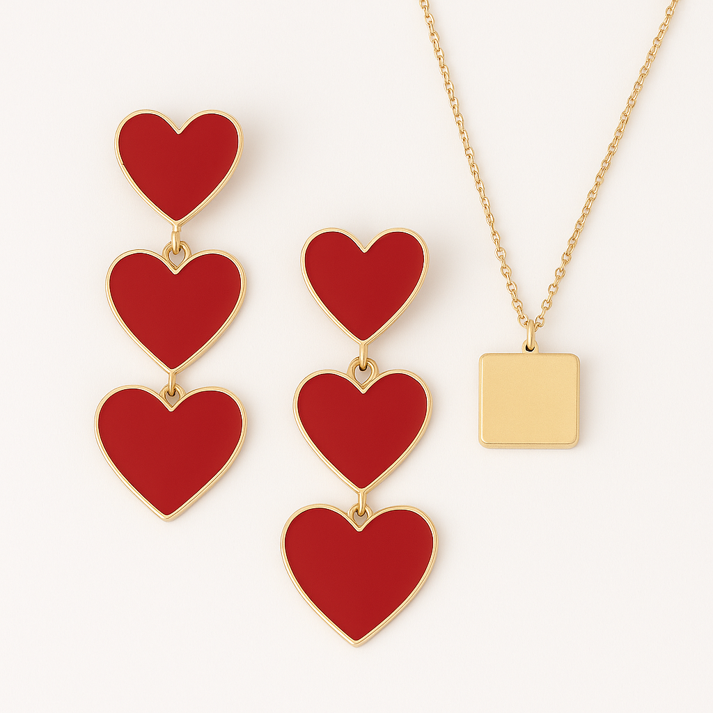 Double Red Heart Drop Earrings – Bold Gold-Plated Statement with Enamel Shine