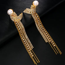 Elegant Long Tassel Rhinestone Drop Earrings Piercing Bridal Gift Square Pearl Geometric Dangle Earrings Wedding Jewelry - Brillare Bijou
