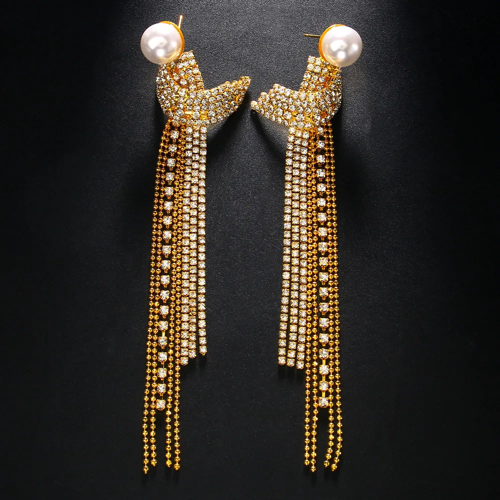 Elegant Long Tassel Rhinestone Drop Earrings Piercing Bridal Gift Square Pearl Geometric Dangle Earrings Wedding Jewelry - Brillare Bijou