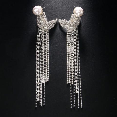 Elegant Long Tassel Rhinestone Drop Earrings Piercing Bridal Gift Square Pearl Geometric Dangle Earrings Wedding Jewelry - Brillare Bijou