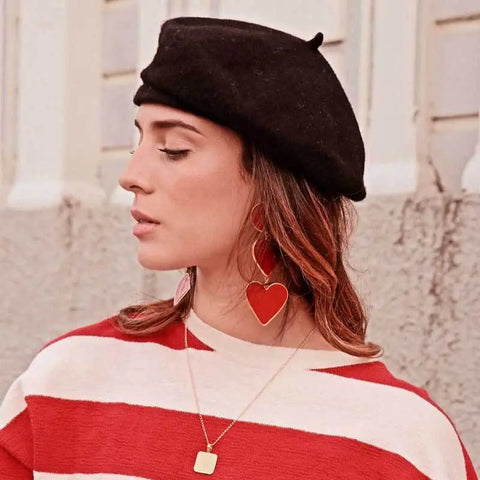 Double Red Heart Drop Earrings – Bold Gold-Plated Statement with Enamel Shine - Brillare Bijou