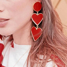 Double Red Heart Drop Earrings – Bold Gold-Plated Statement with Enamel Shine - Brillare Bijou