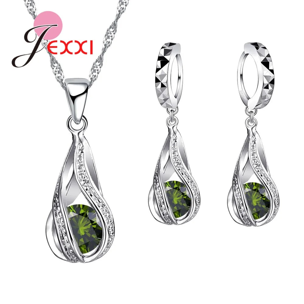 Celestial Spiral Jewelry Set – 925 Sterling Silver Necklace & Earrings with White Crystals - Brillare Bijou