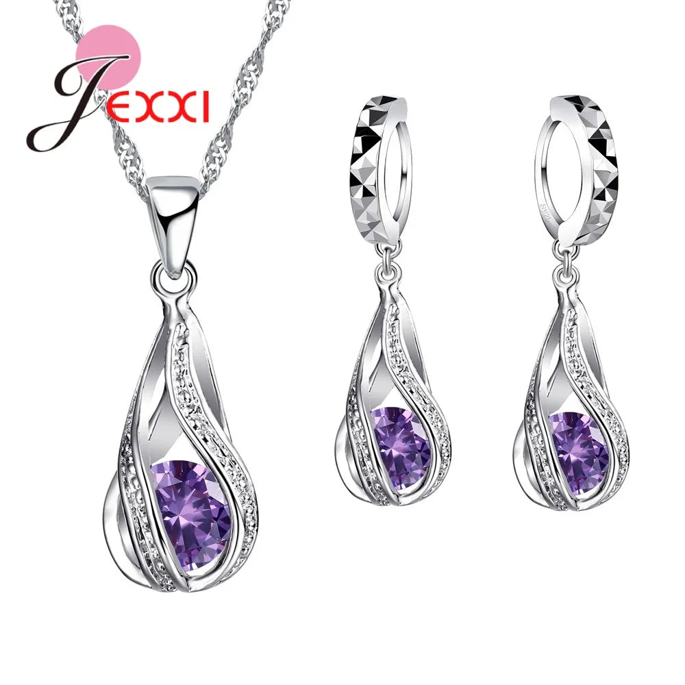 Celestial Spiral Jewelry Set – 925 Sterling Silver Necklace & Earrings with White Crystals - Brillare Bijou