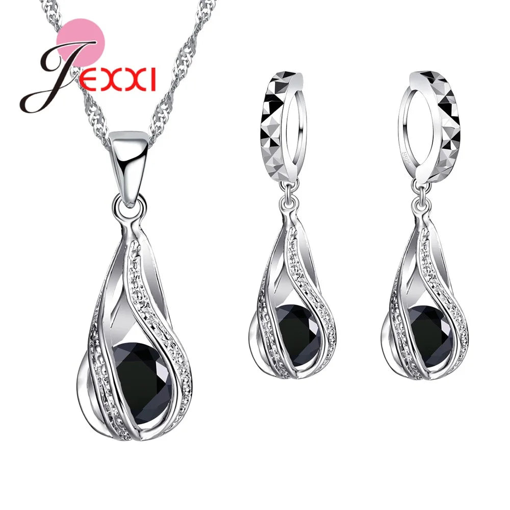 Celestial Spiral Jewelry Set – 925 Sterling Silver Necklace & Earrings with White Crystals - Brillare Bijou